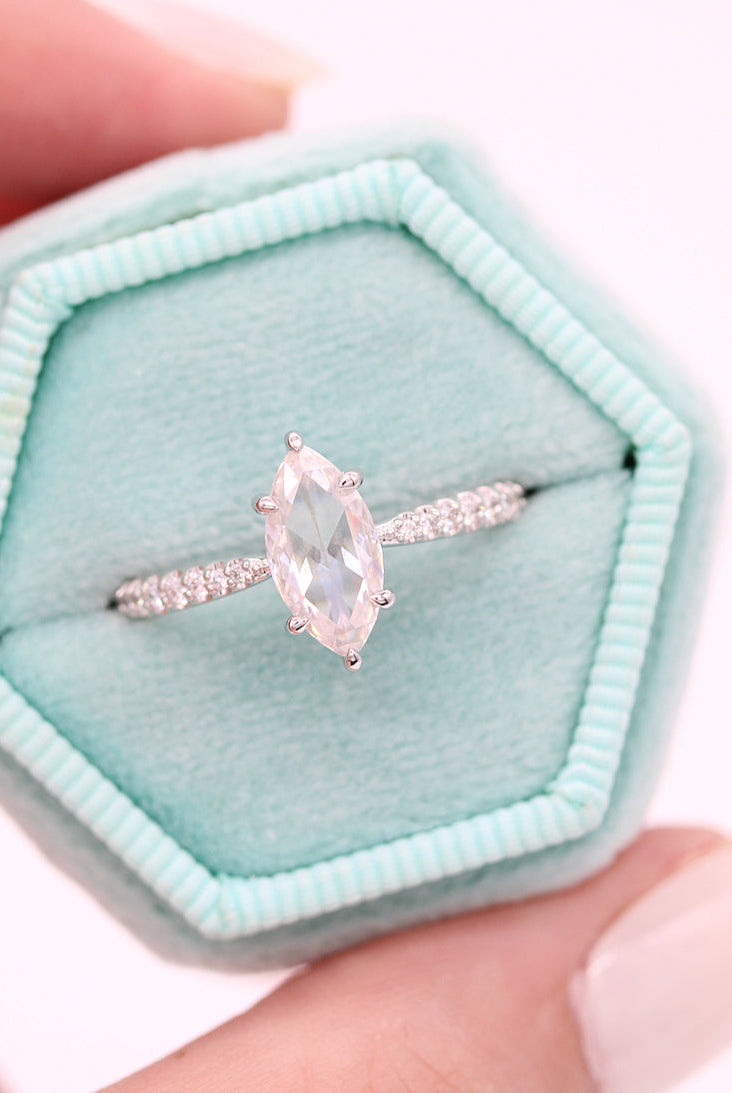 0.90ct Marquise Rose Cut Pave Moissanite Diamond Engagement Ring In Solid Gold