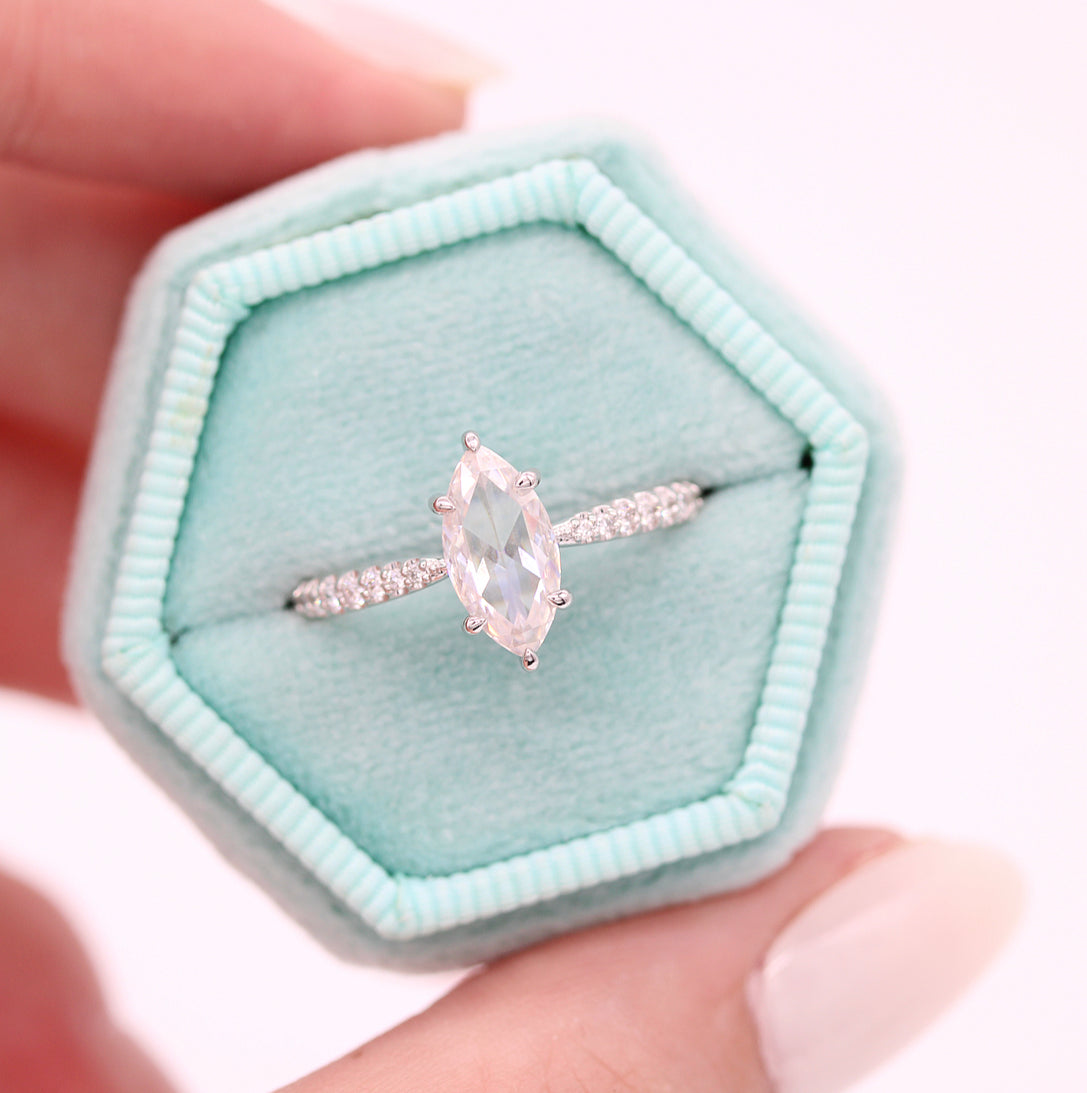 0.90ct Marquise Rose Cut Pave Moissanite Diamond Engagement Ring In Solid Gold