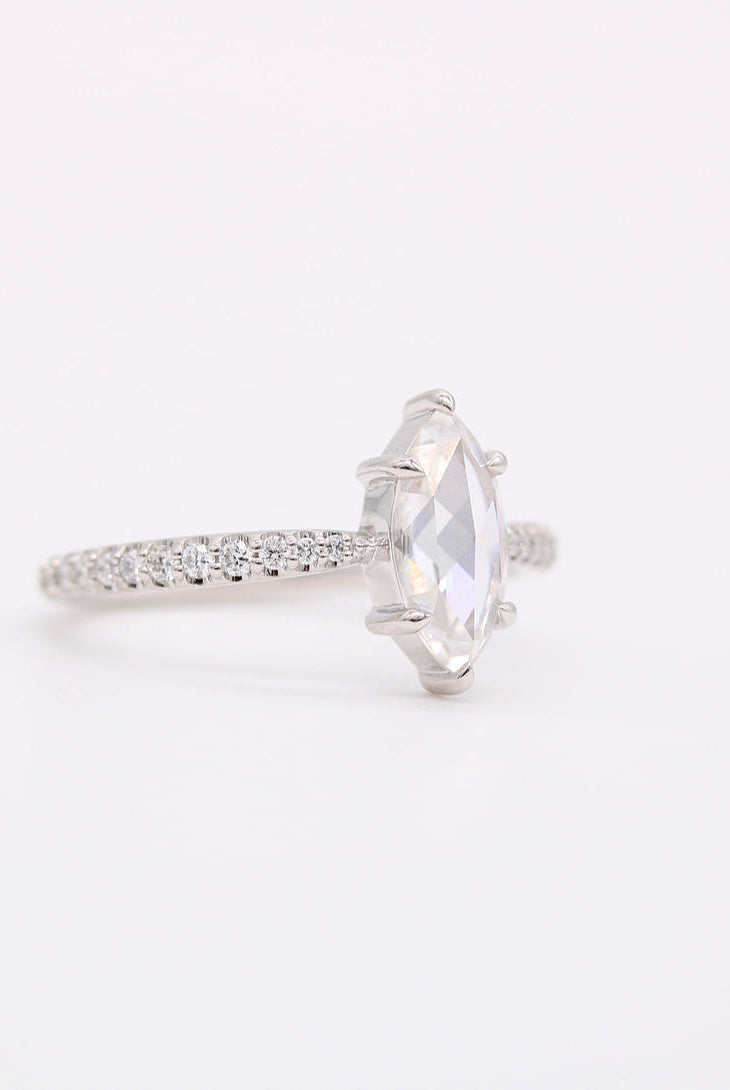 0.90ct Marquise Rose Cut Pave Moissanite Diamond Engagement Ring In Solid Gold