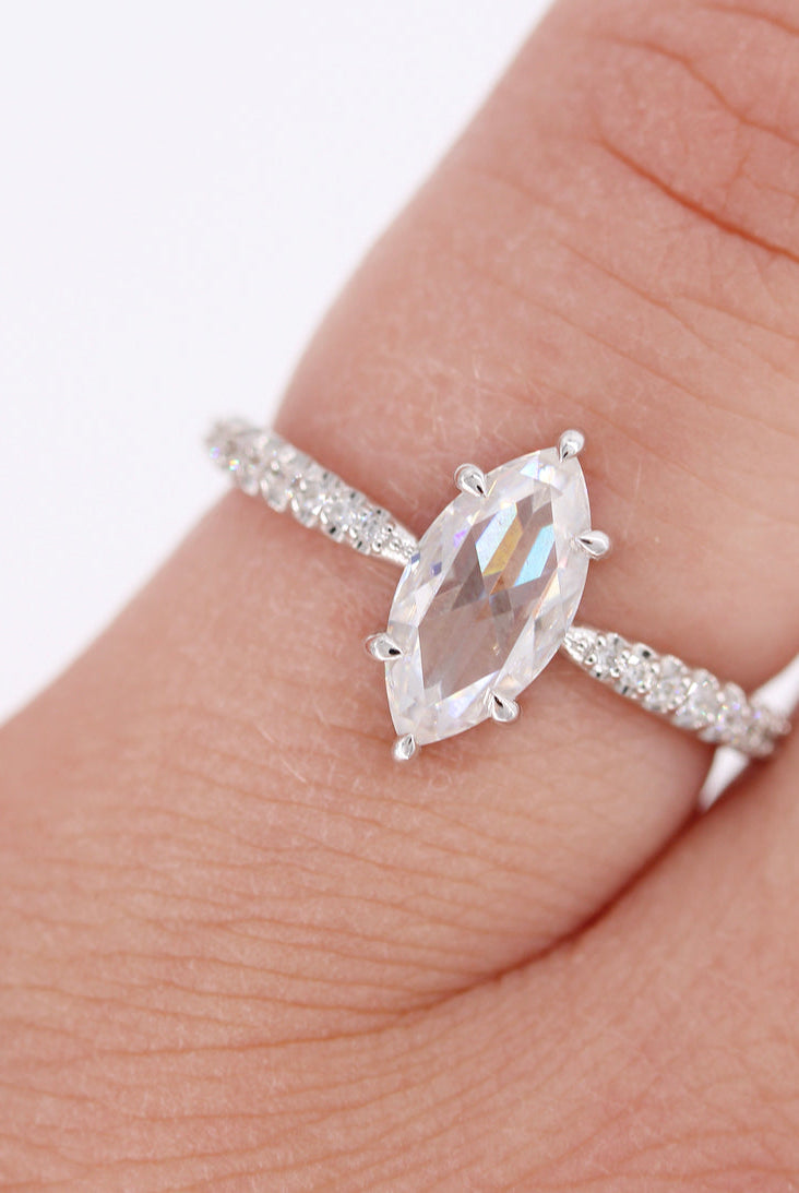 0.90ct Marquise Rose Cut Pave Moissanite Diamond Engagement Ring In Solid Gold