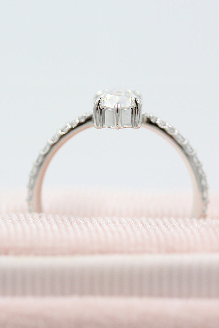 0.90ct Marquise Rose Cut Pave Moissanite Diamond Engagement Ring In Solid Gold