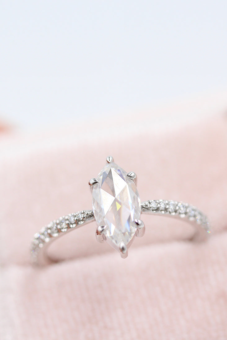 0.90ct Marquise Rose Cut Pave Moissanite Diamond Engagement Ring In Solid Gold