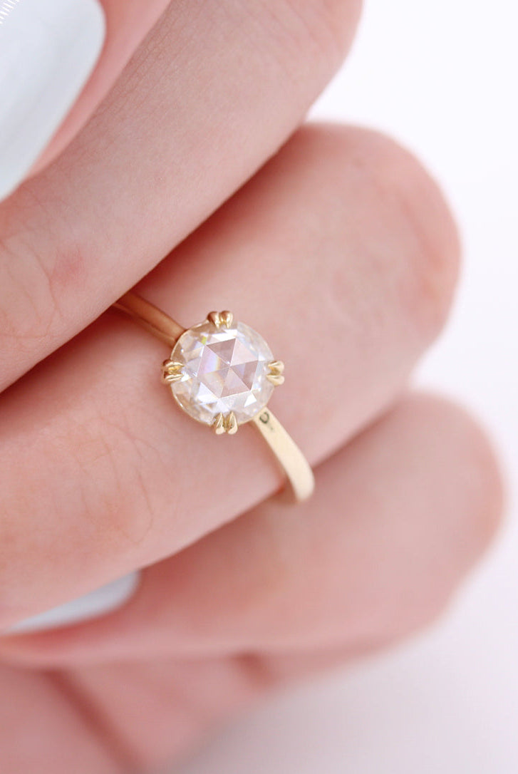 1ct Round Rose Cut Moissanite Diamond Double Claw Prong Solitaire Engagement Ring