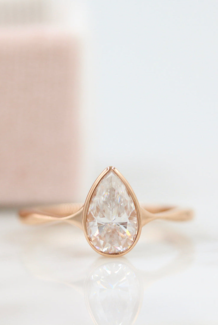 1.0ct Bezel Set Pear Moissanite Diamond Solitaire Engagement Ring For Her