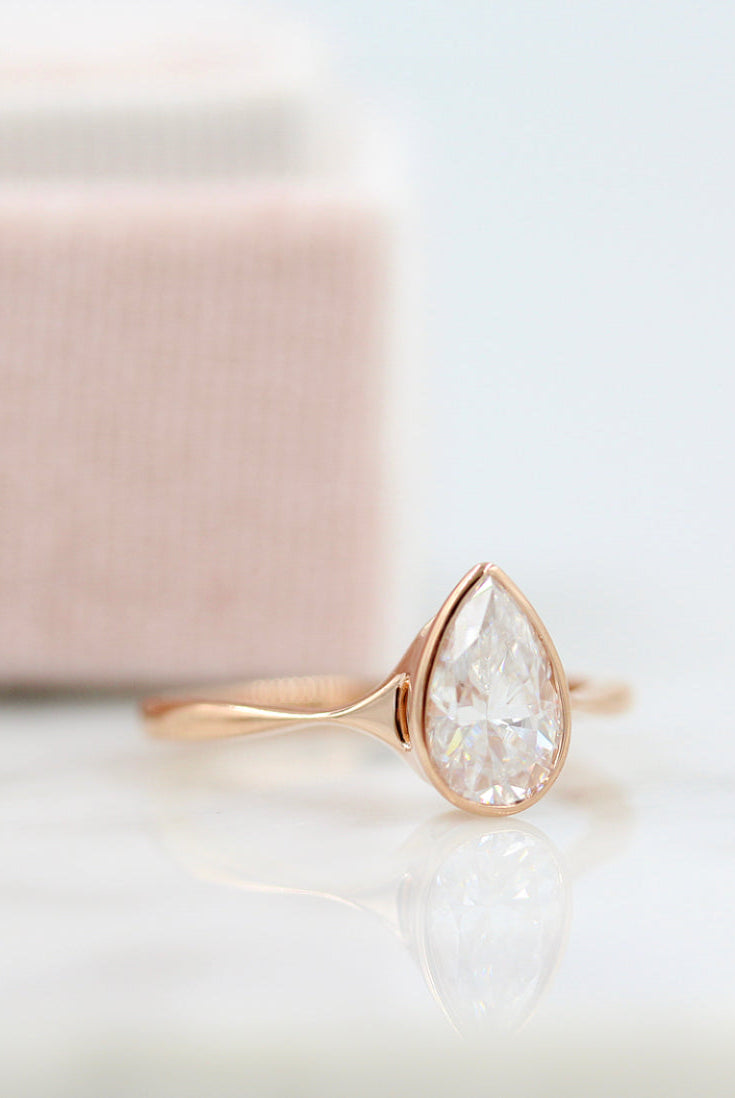 1.0ct Bezel Set Pear Moissanite Diamond Solitaire Engagement Ring For Her