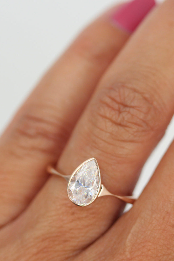 1.0ct Bezel Set Pear Moissanite Diamond Solitaire Engagement Ring For Her