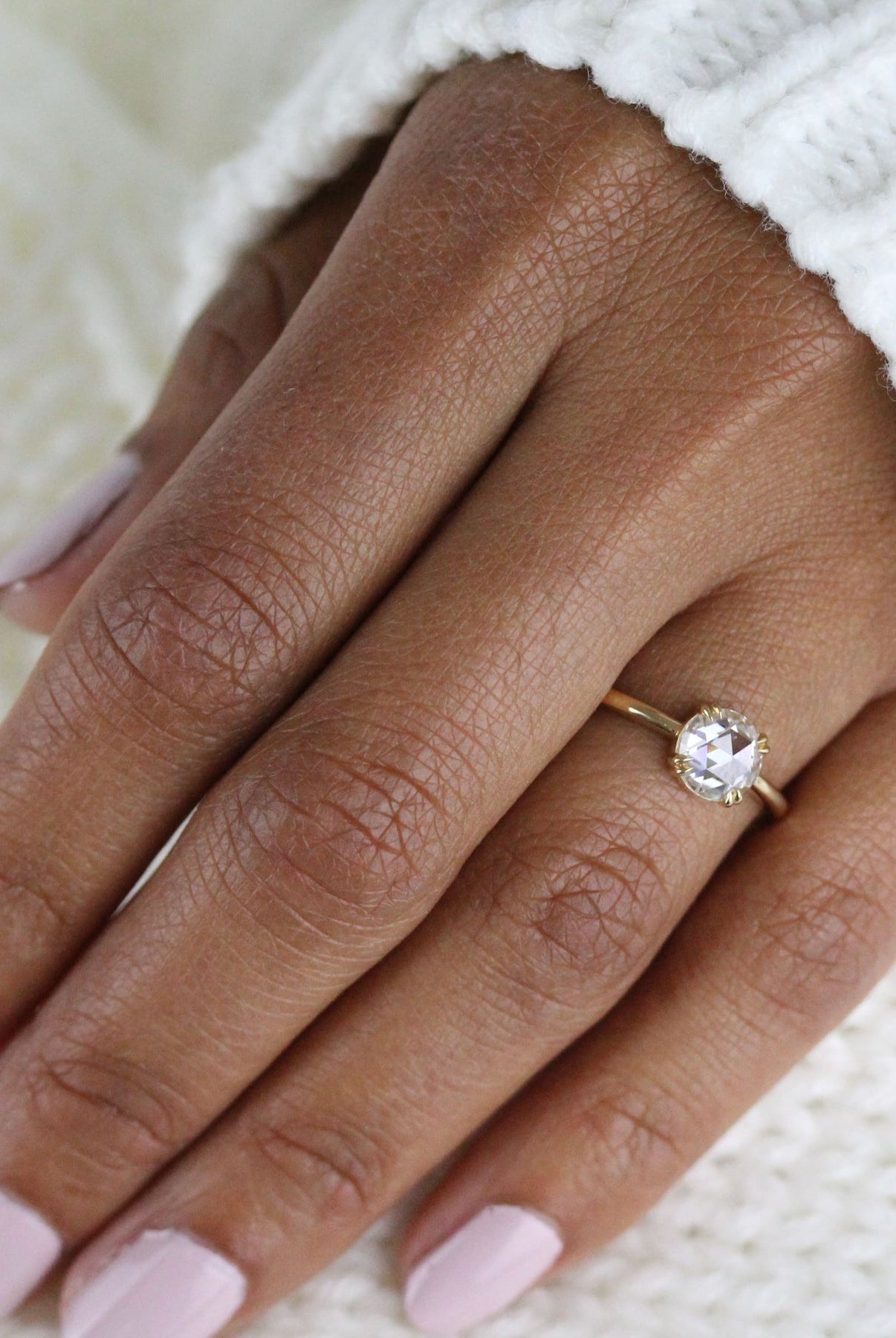 1ct Round Rose Cut Moissanite Diamond Double Claw Prong Solitaire Engagement Ring