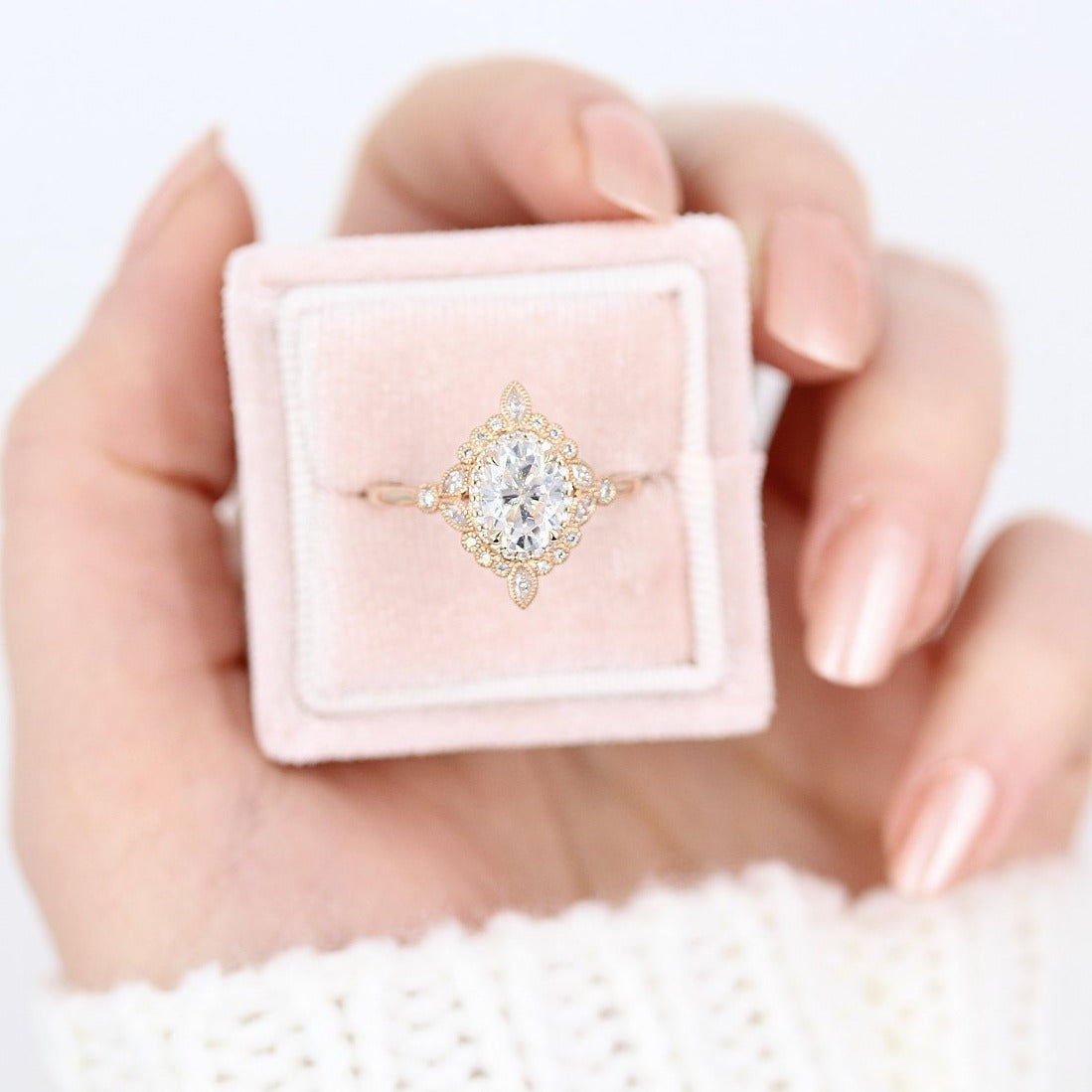 1.30ct Oval Cut Unique Halo Moissanite Diamond Engagement Ring