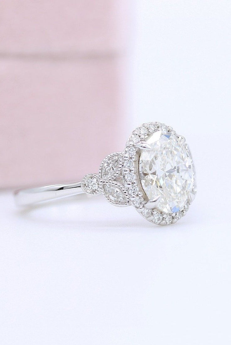1ct Oval Halo Moissanite Diamond Cluster Engagement Ring For Women