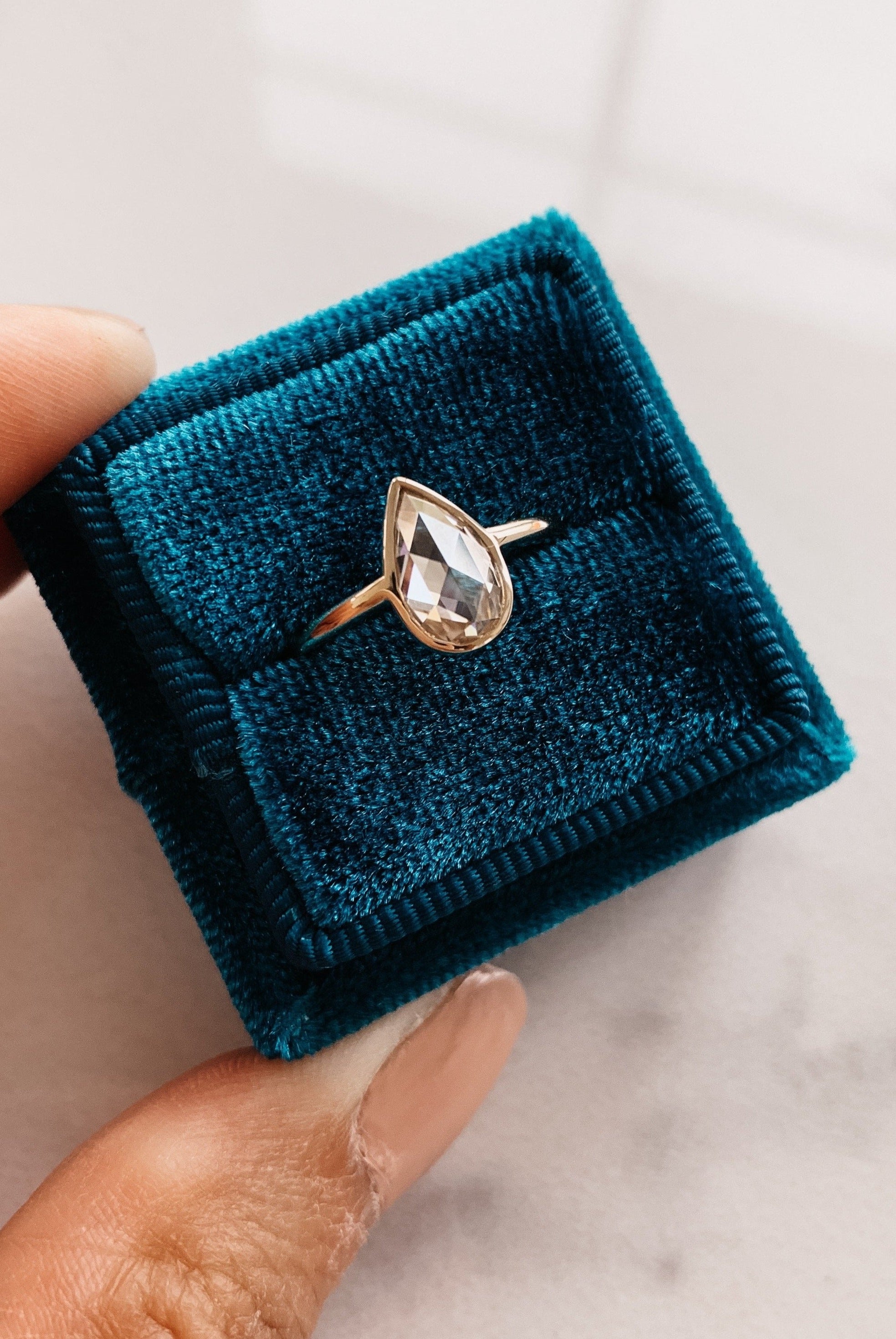 0.80CT Pear Rose Cut Moissanite Diamond Bezel Set Engagement Ring