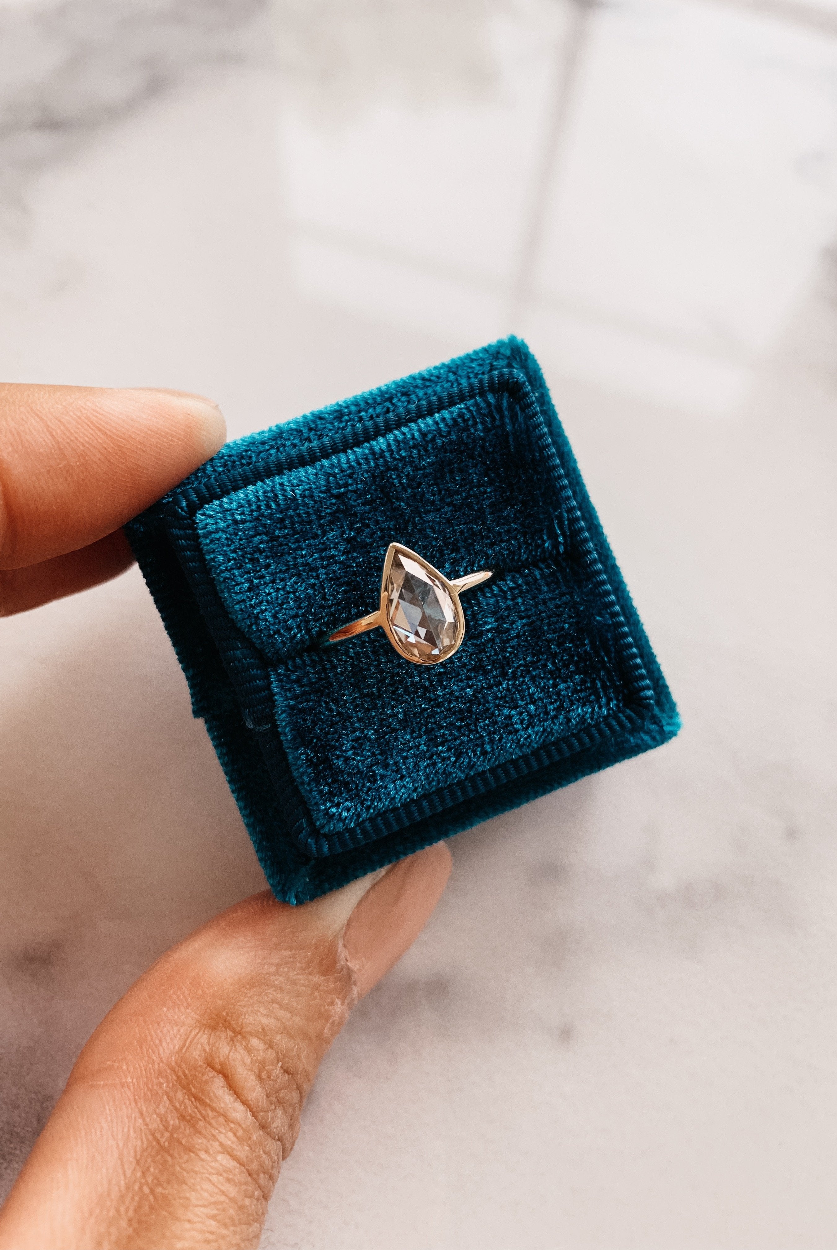 0.80CT Pear Rose Cut Moissanite Diamond Bezel Set Engagement Ring