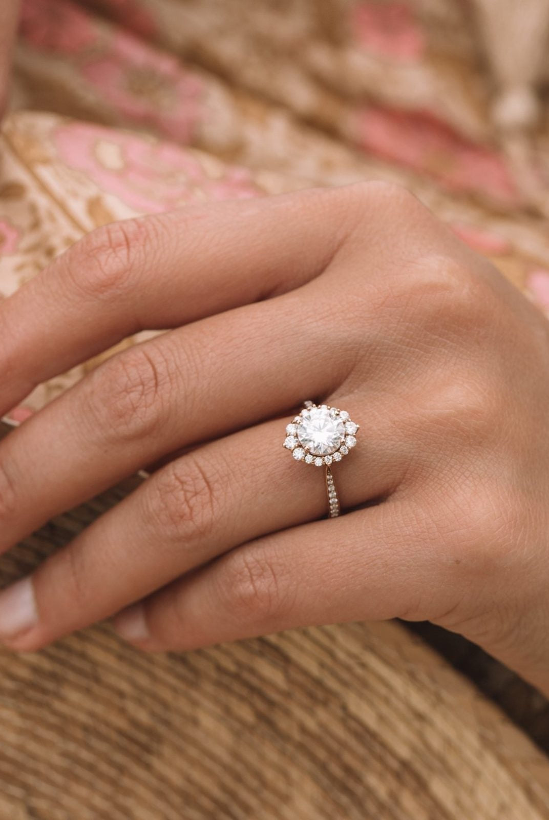 1.35CT Round Halo Moissanite Diamond Pave Engagement Ring In 14K Solid Gold