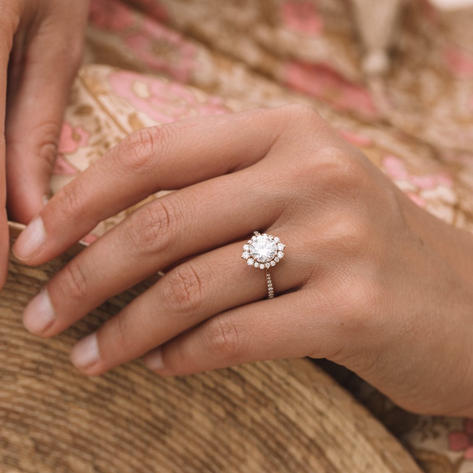 1.35CT Round Halo Moissanite Diamond Pave Engagement Ring In 14K Solid Gold