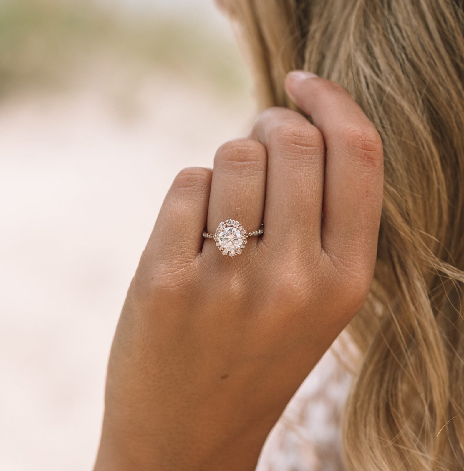 1.35CT Round Halo Moissanite Diamond Pave Engagement Ring In 14K Solid Gold