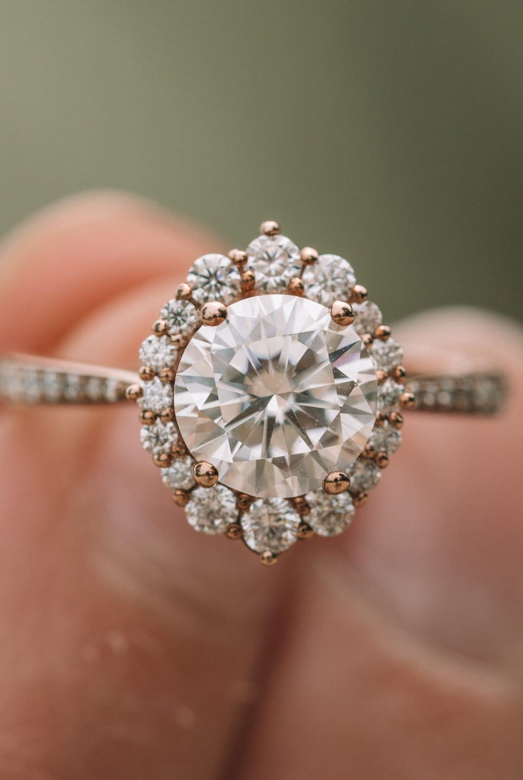 1.35CT Round Halo Moissanite Diamond Pave Engagement Ring In 14K Solid Gold