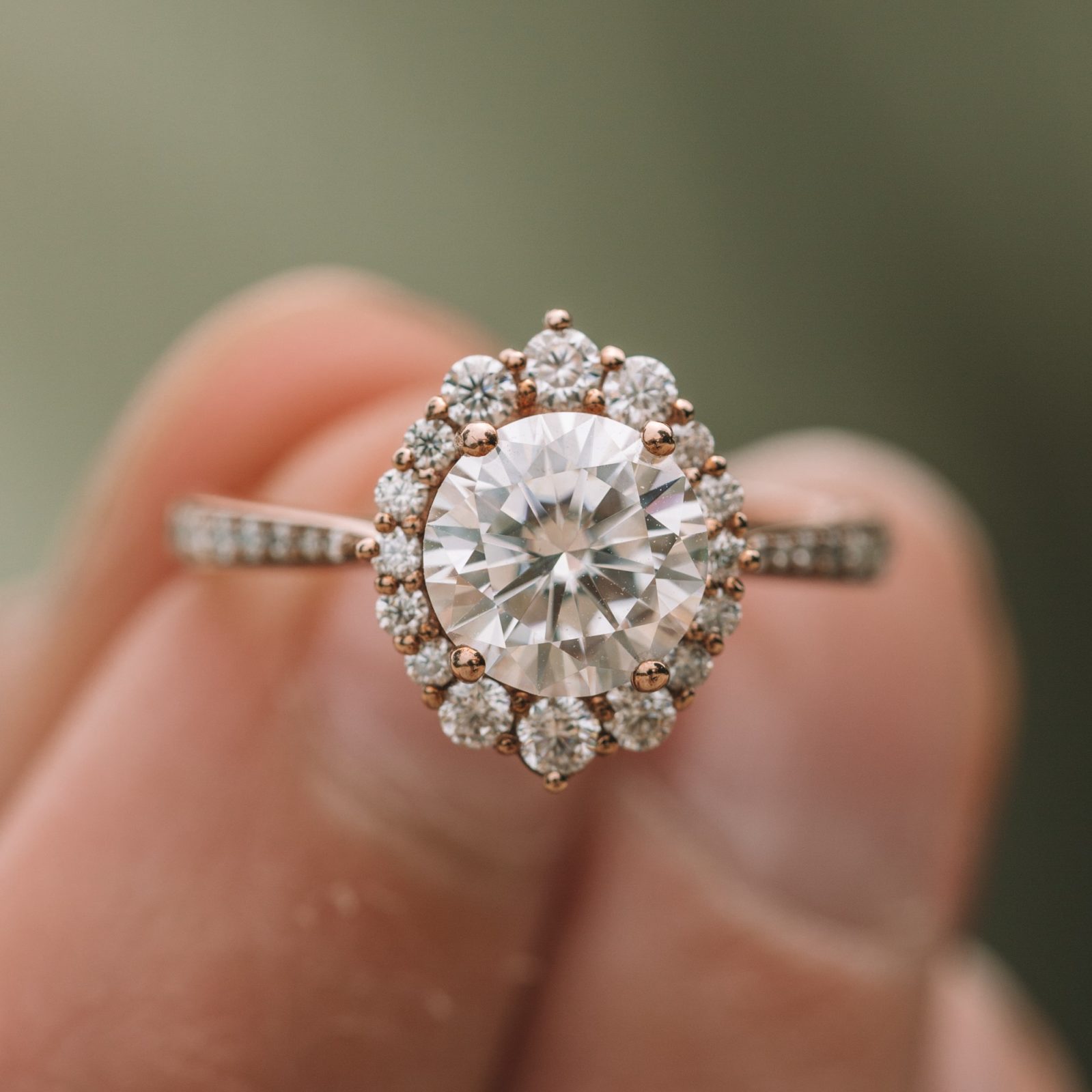1.35CT Round Halo Moissanite Diamond Pave Engagement Ring In 14K Solid Gold