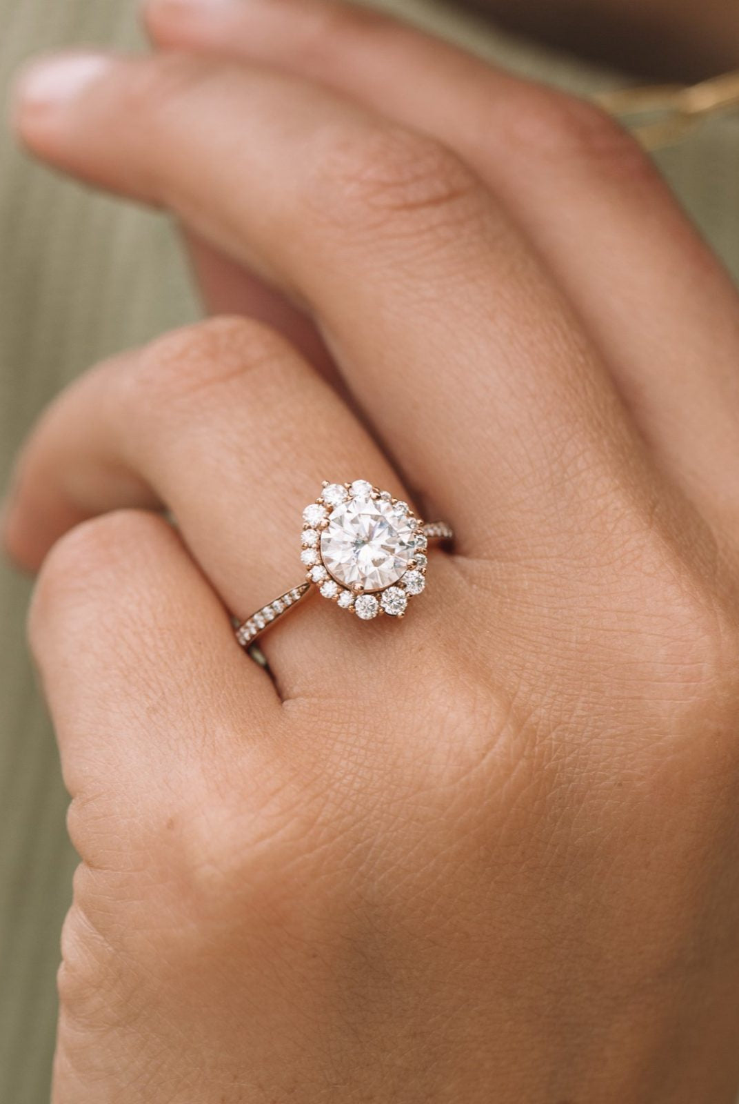 1.35CT Round Halo Moissanite Diamond Pave Engagement Ring In 14K Solid Gold