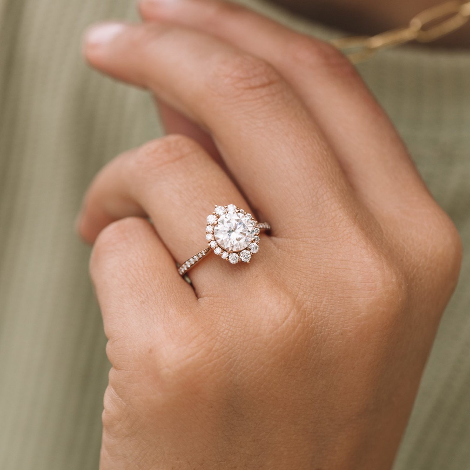 1.35CT Round Halo Moissanite Diamond Pave Engagement Ring In 14K Solid Gold