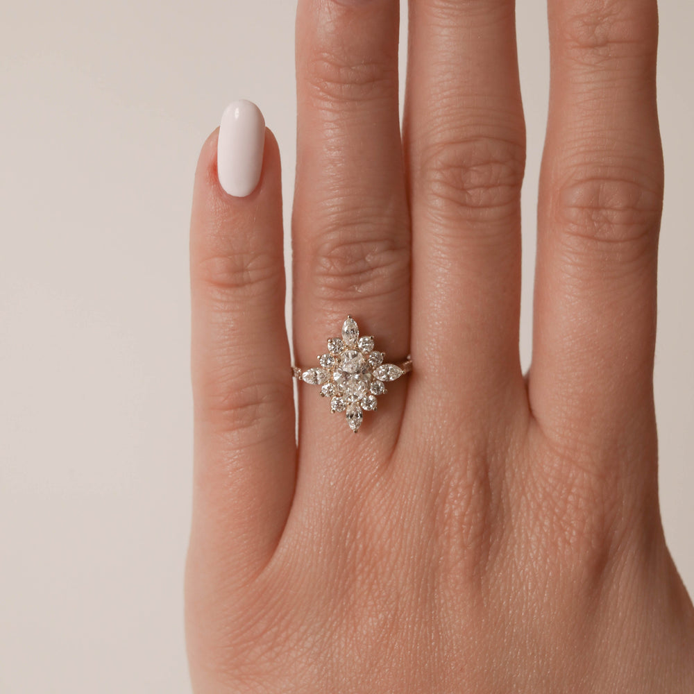 0.75CT Oval Moissanite Cluster Diamond Engagement Ring