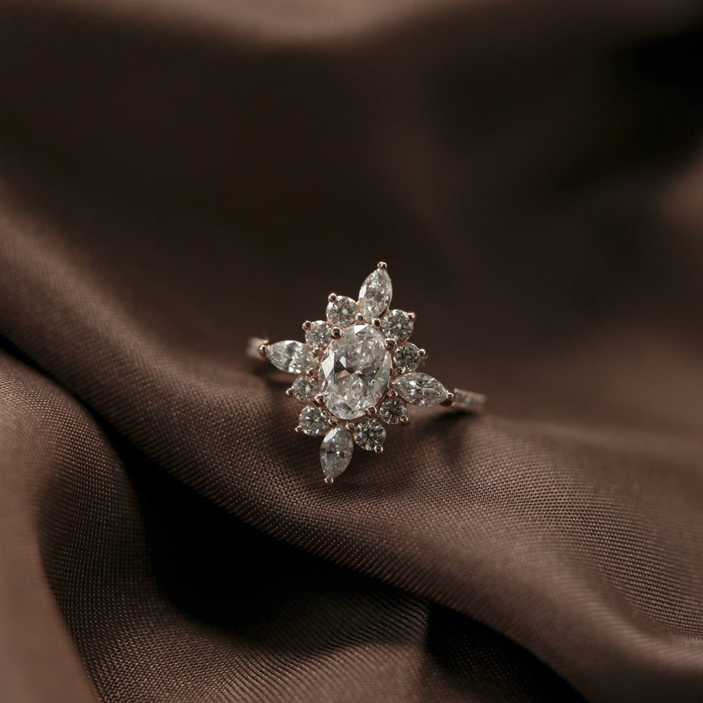 0.75CT Oval Moissanite Cluster Diamond Engagement Ring