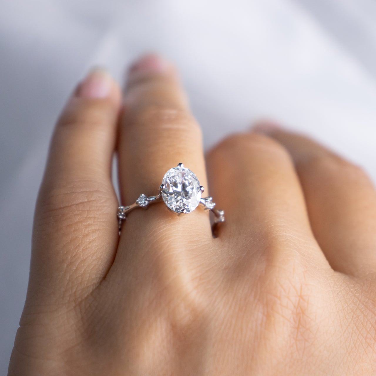 1.93CT Oval Petite Pave Moissanite Diamond Four Prong Engagement Ring In 14K White Gold