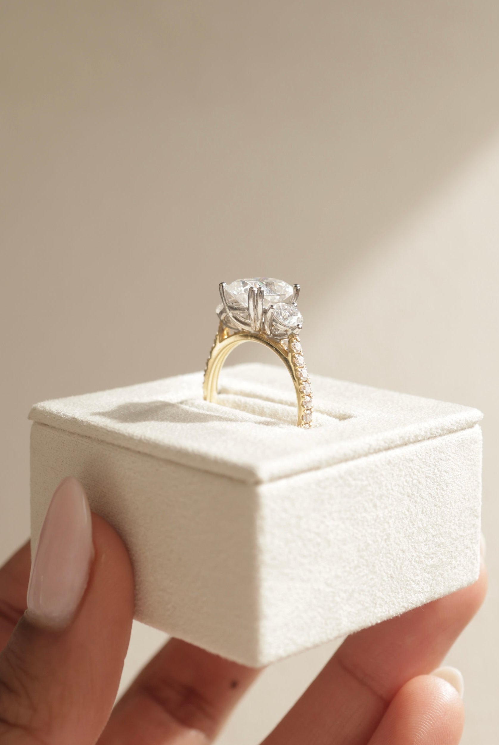 Elongated Cushion Three Stone Ring