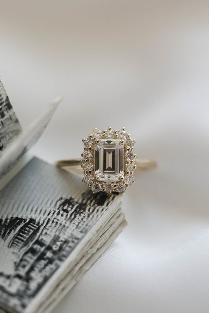1.70CT Emerald Cut Halo Moissanite Diamond Solitaire Engagement Ring