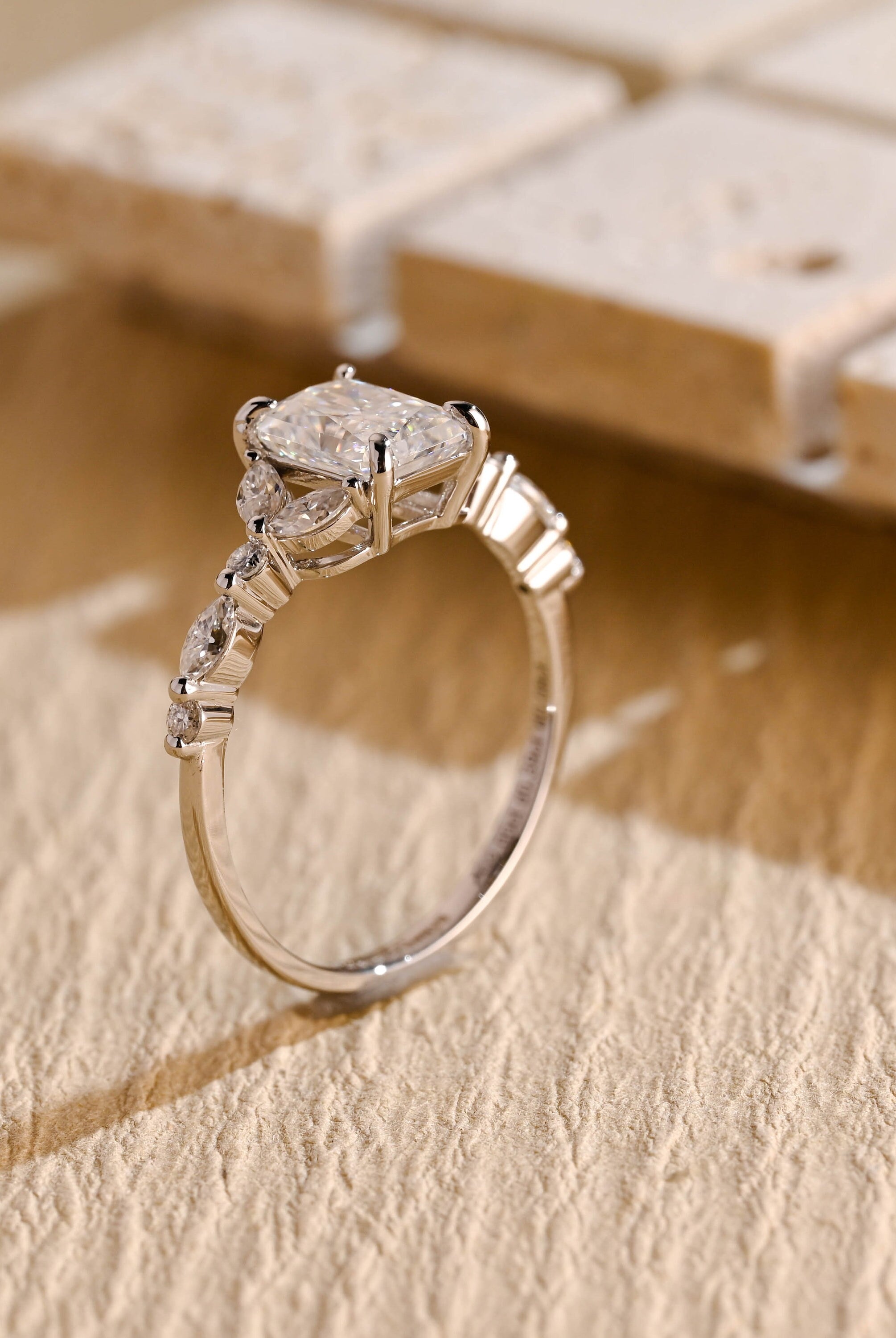 radiant cut engagement ring cluster setting moissanite