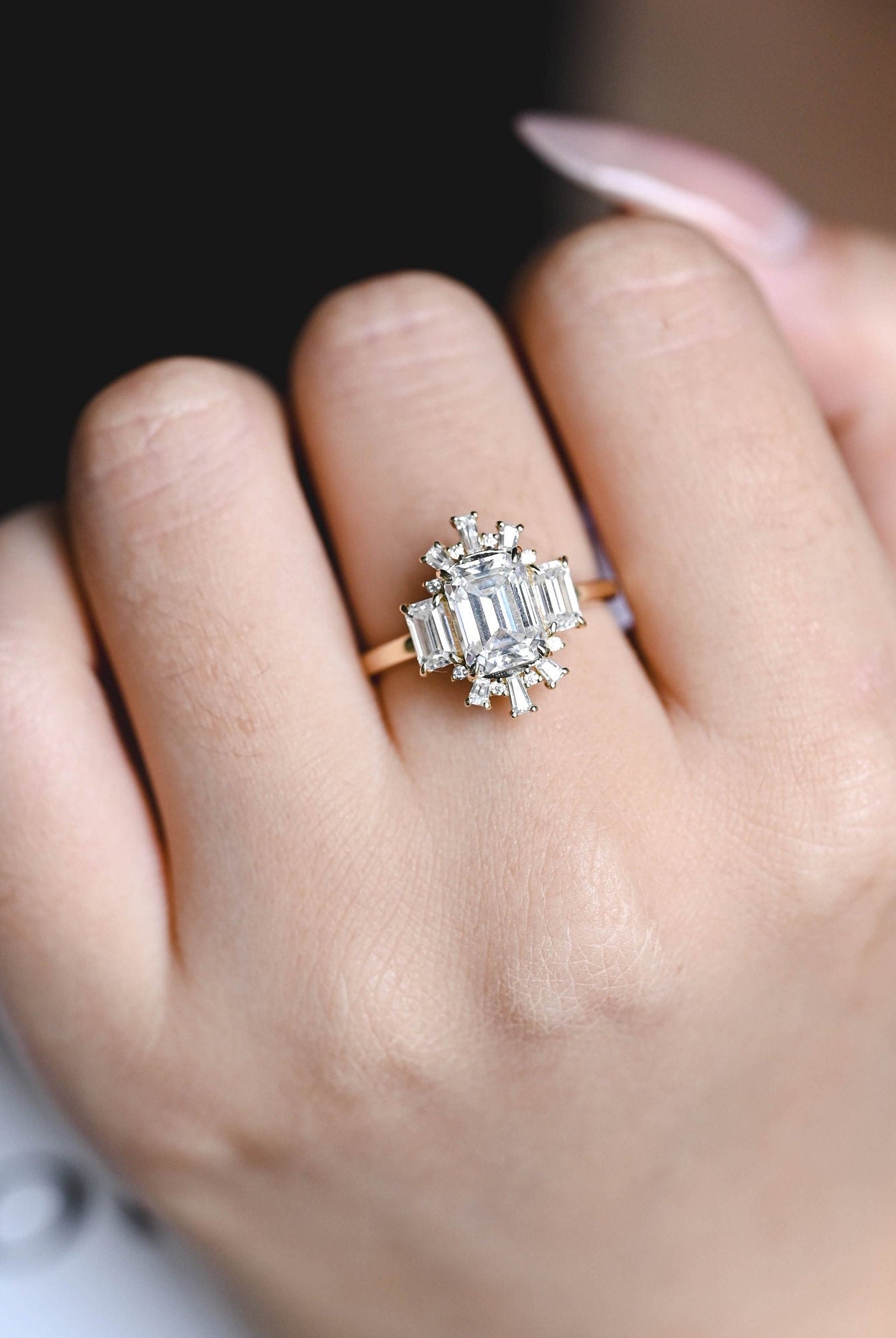 Brilliant Emerald Cut Cluster Diamond Moissanite Ring for Her