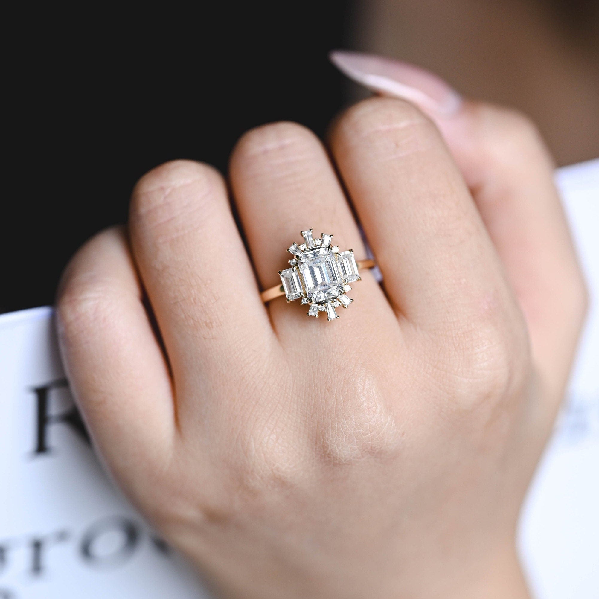 Brilliant Emerald Cut Cluster Diamond Moissanite Ring for Her