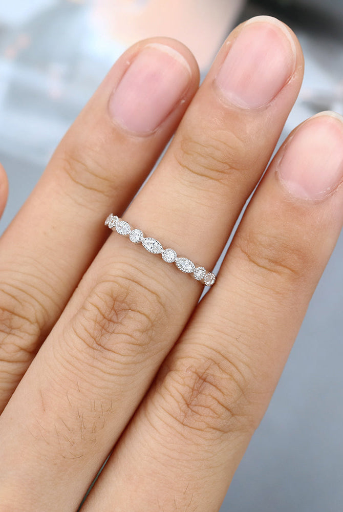 marquise-round-moissanite-milgrain-style-wedding-band