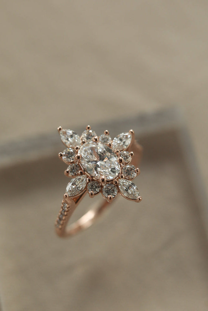 0.75CT Oval Moissanite Cluster Diamond Engagement Ring