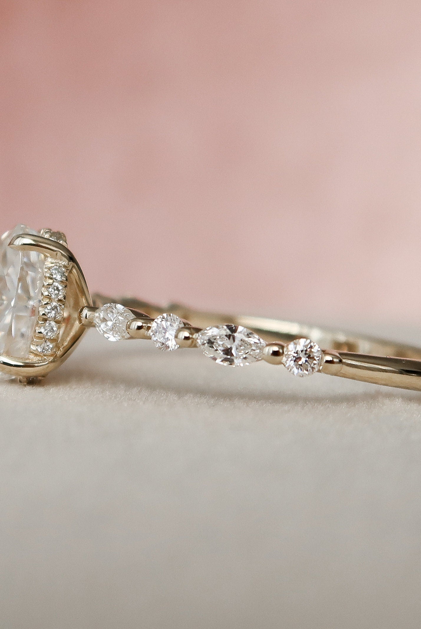 Oval Cut Moissanite Ring Featuring Hidden Halo Detail