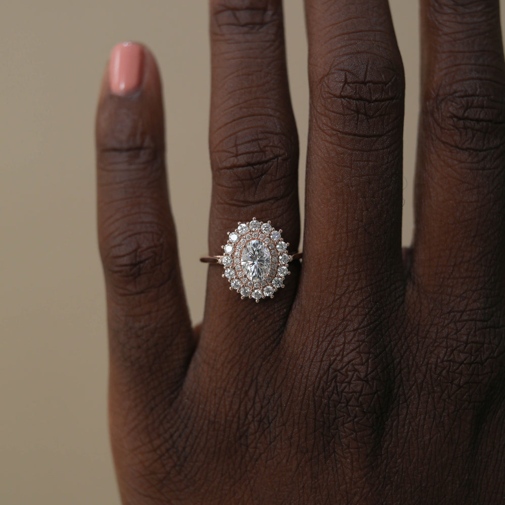 0.75CT Cathedral Set Oval Double Halo Moissanite Diamond Engagement Ring