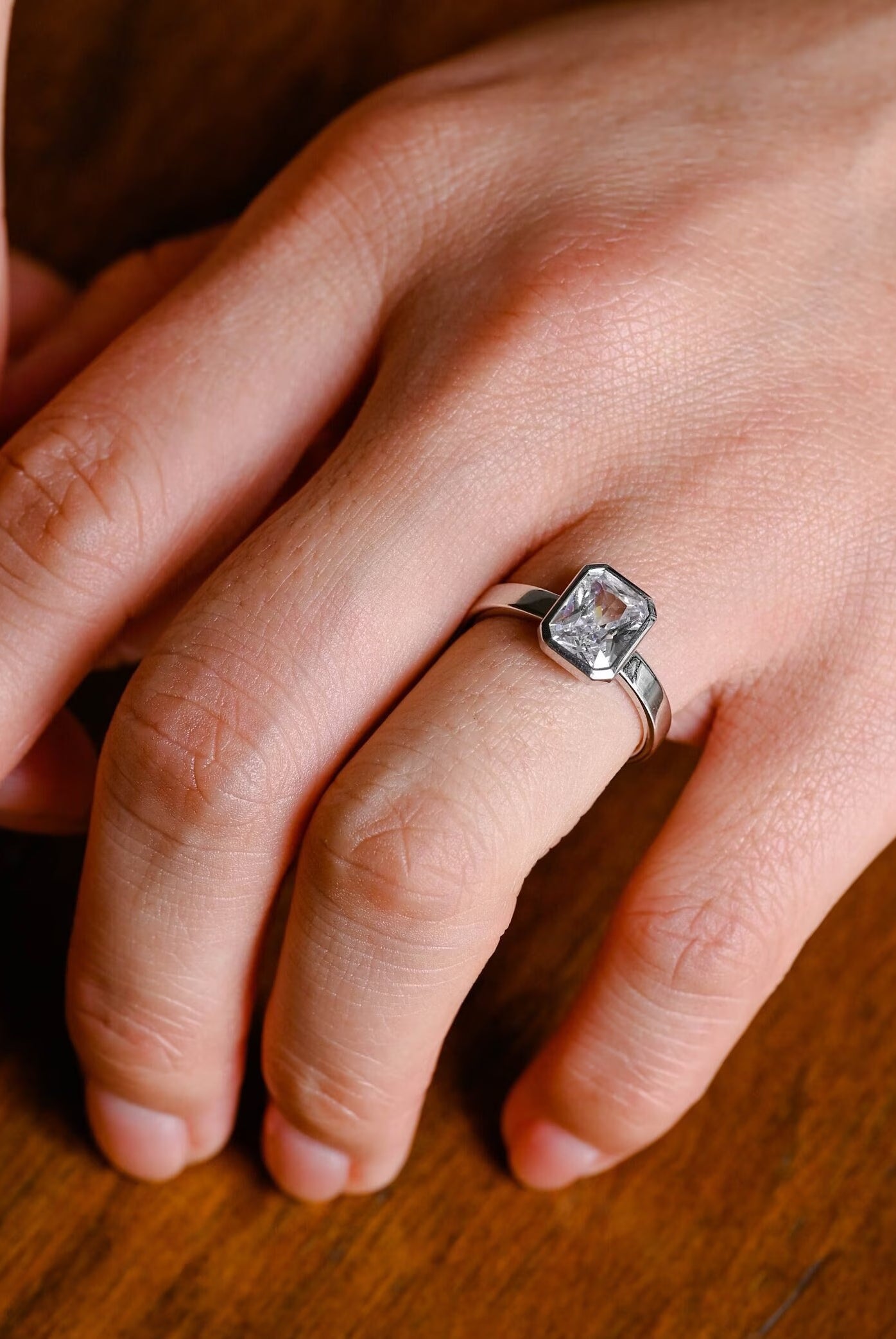 sustainable engagement rings USA moissanite bezel