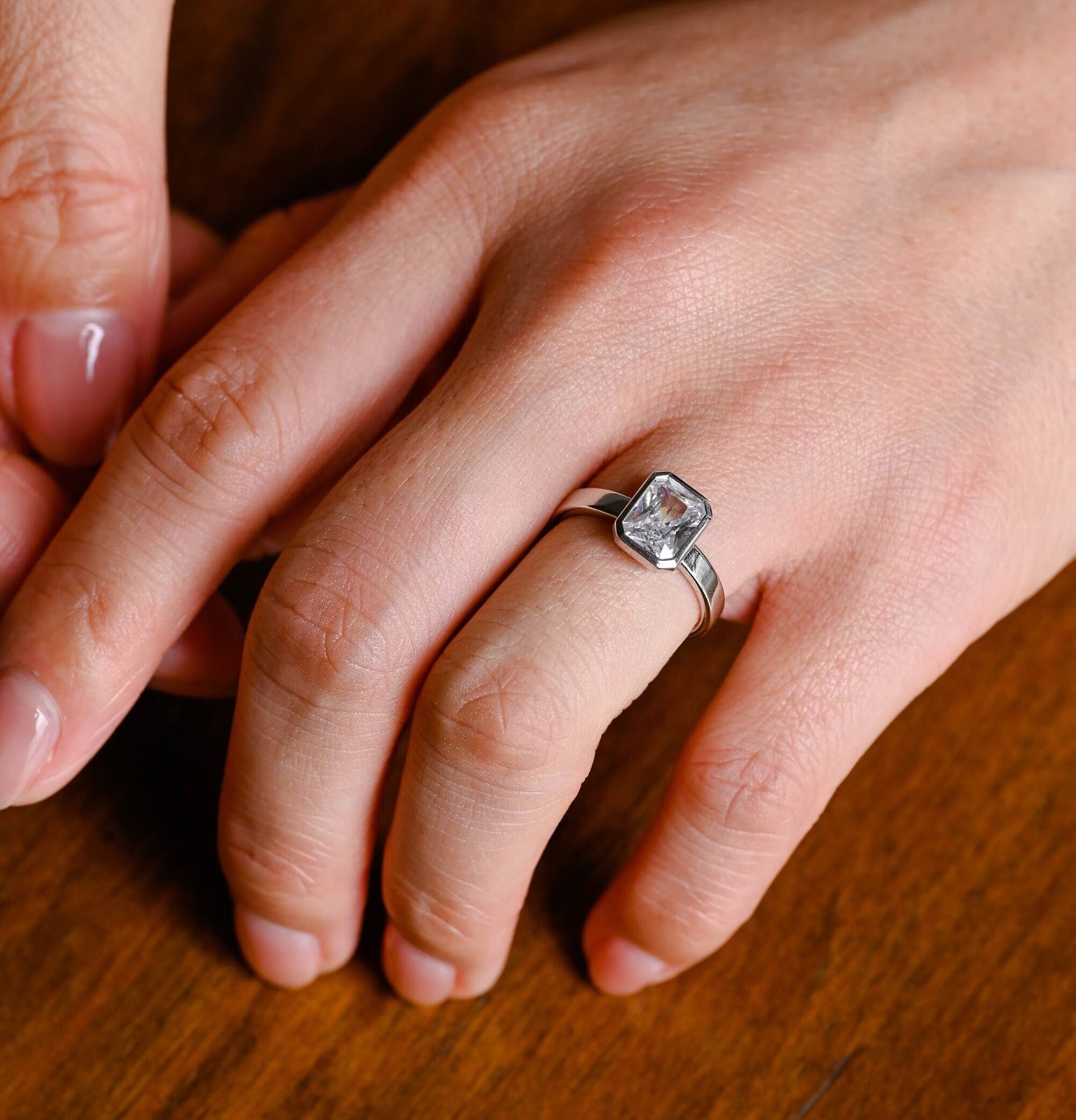 sustainable engagement rings USA moissanite bezel