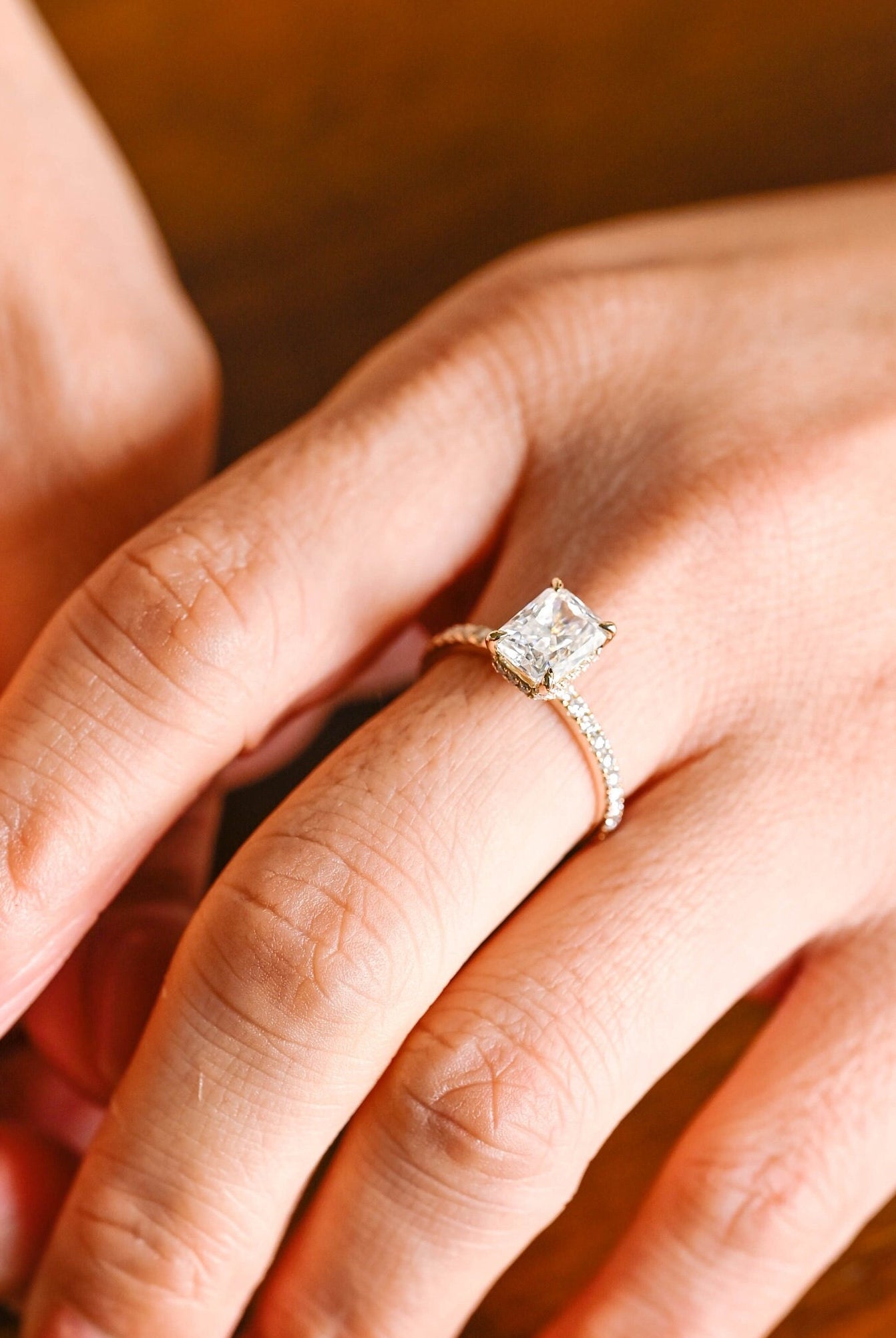 unique radiant cut hidden halo moissanite engagement ring