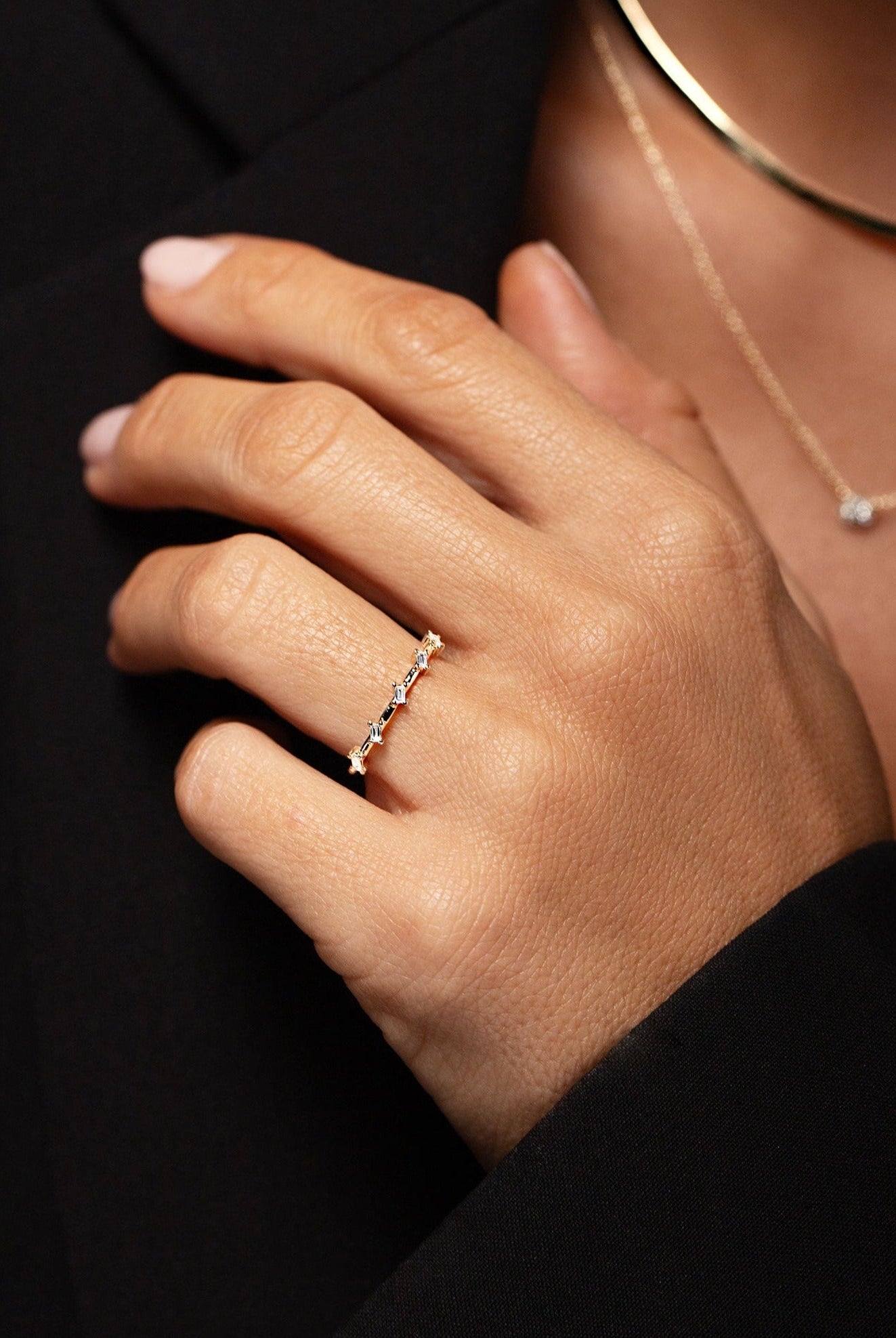 Baguette Cut Moissanite Distance Diamond Wedding Band in Yellow Gold