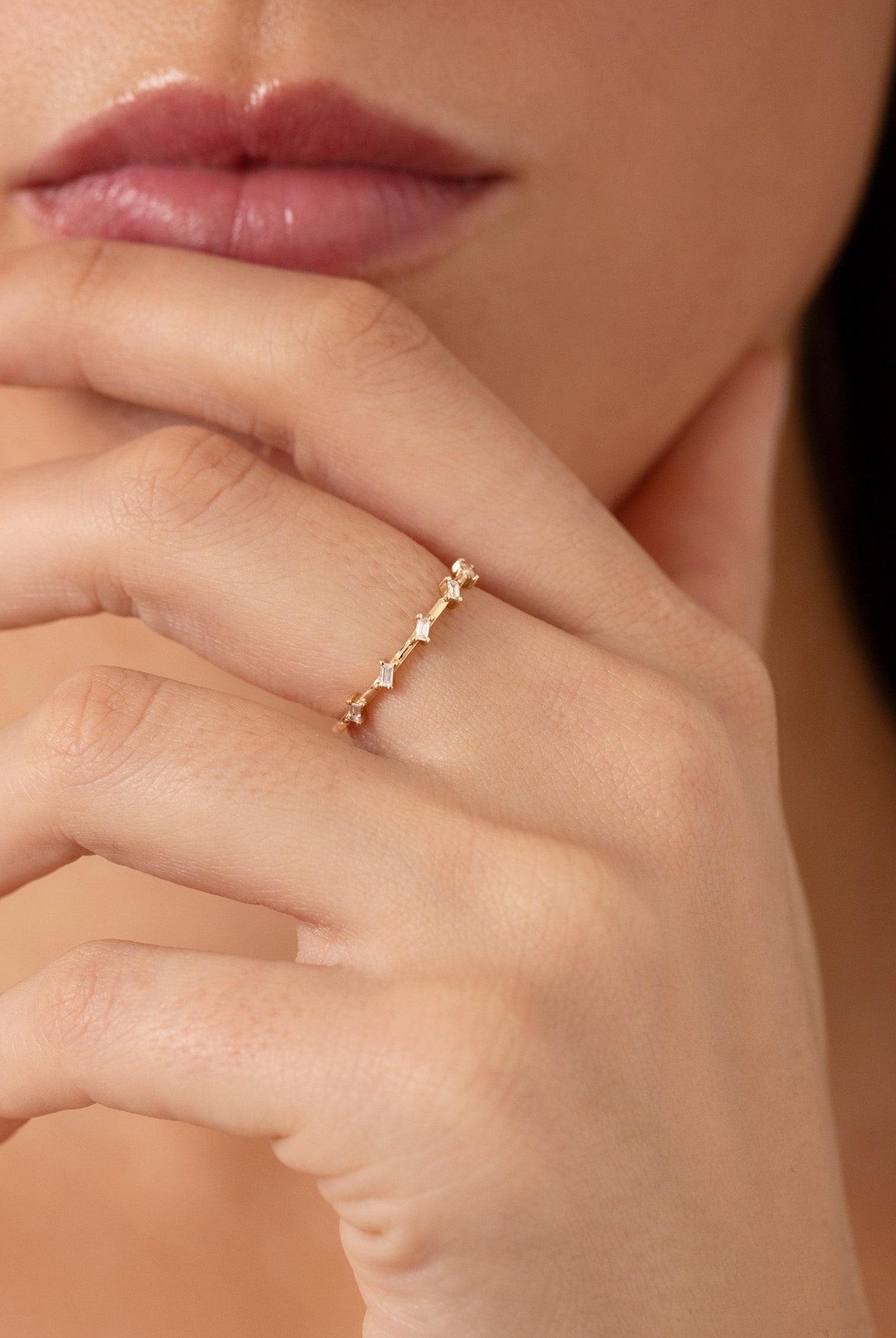 Baguette Cut Moissanite Distance Diamond Wedding Band in Yellow Gold