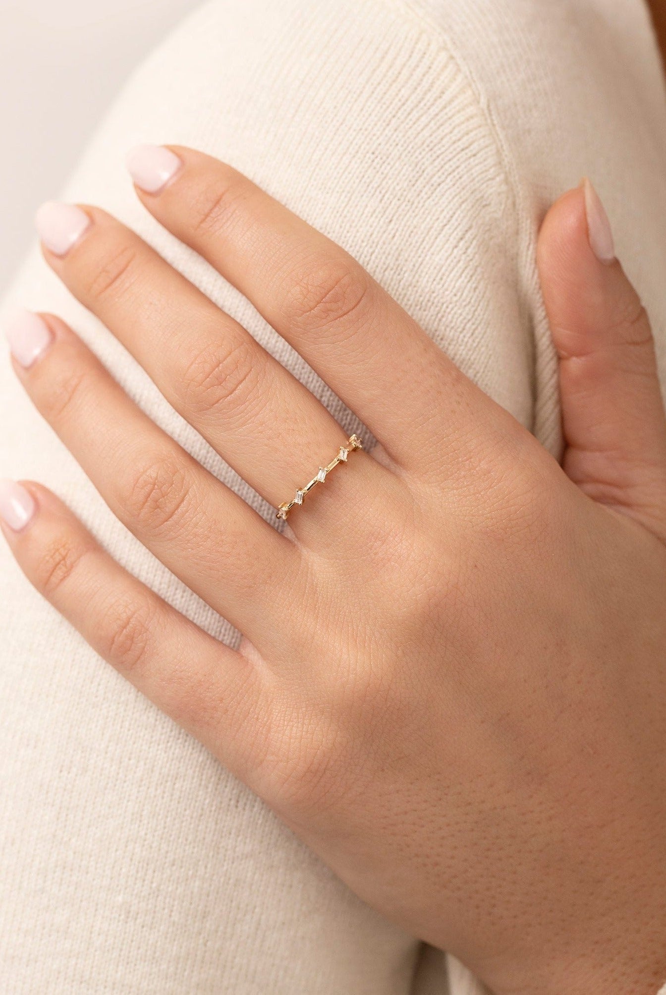 Baguette Cut Moissanite Distance Diamond Wedding Band in Yellow Gold