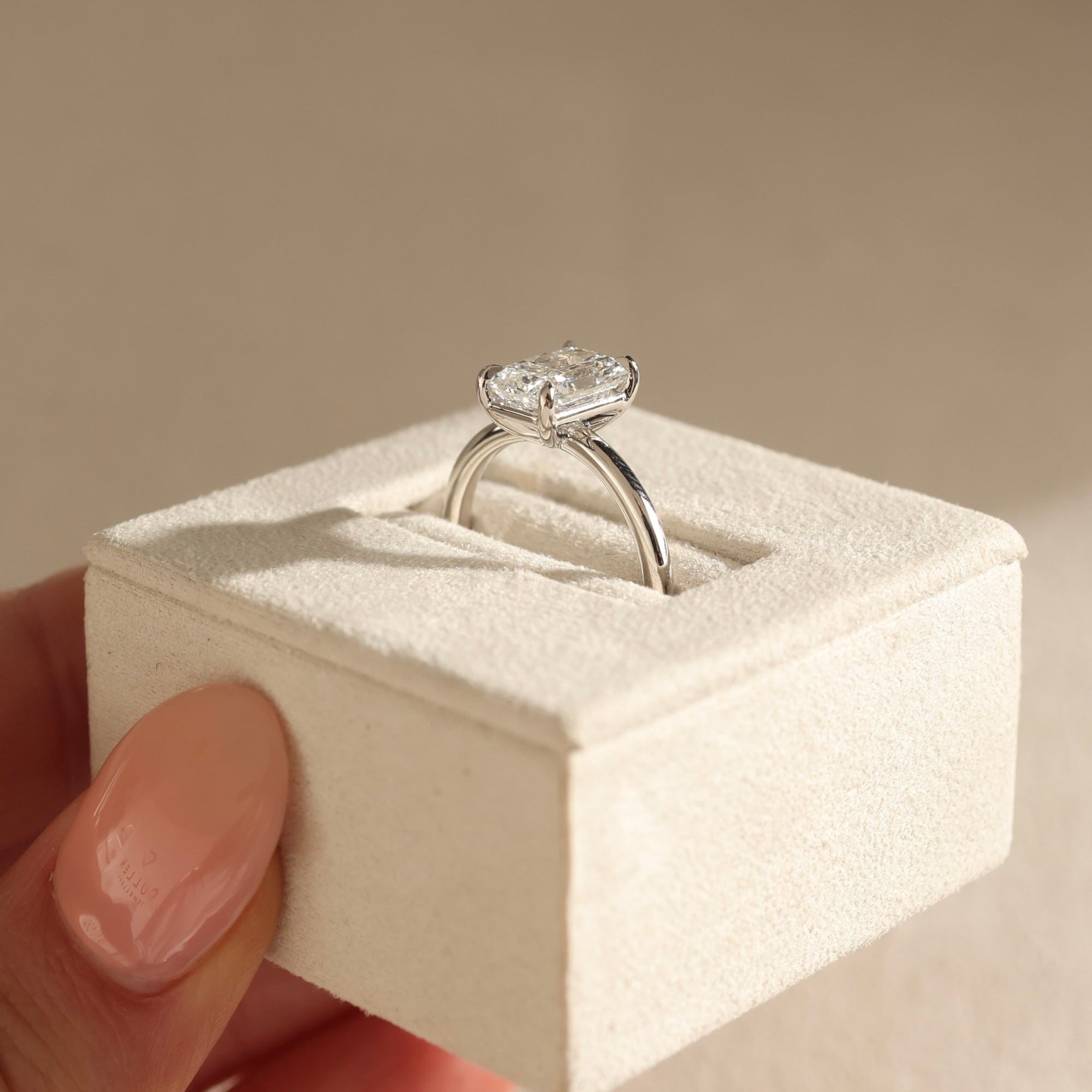 white gold radiant diamond ring, rose gold radiant engagement ring, solitaire engagement rings, engagement rings for her, modern engagement rings