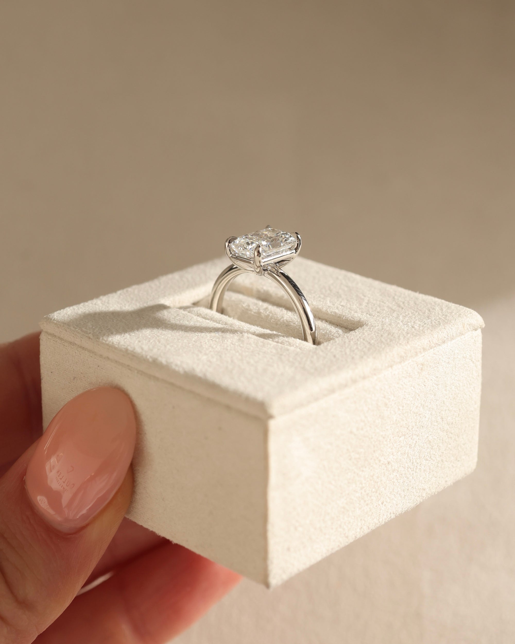 white gold radiant diamond ring, rose gold radiant engagement ring, solitaire engagement rings, engagement rings for her, modern engagement rings