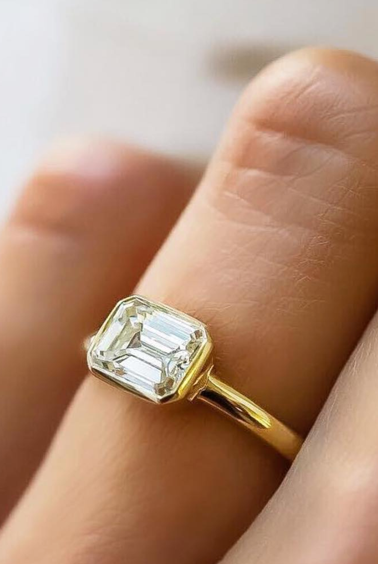 1.28CT East West Emerald Cut Moissanite Diamond Bezel Set Engagement Ring