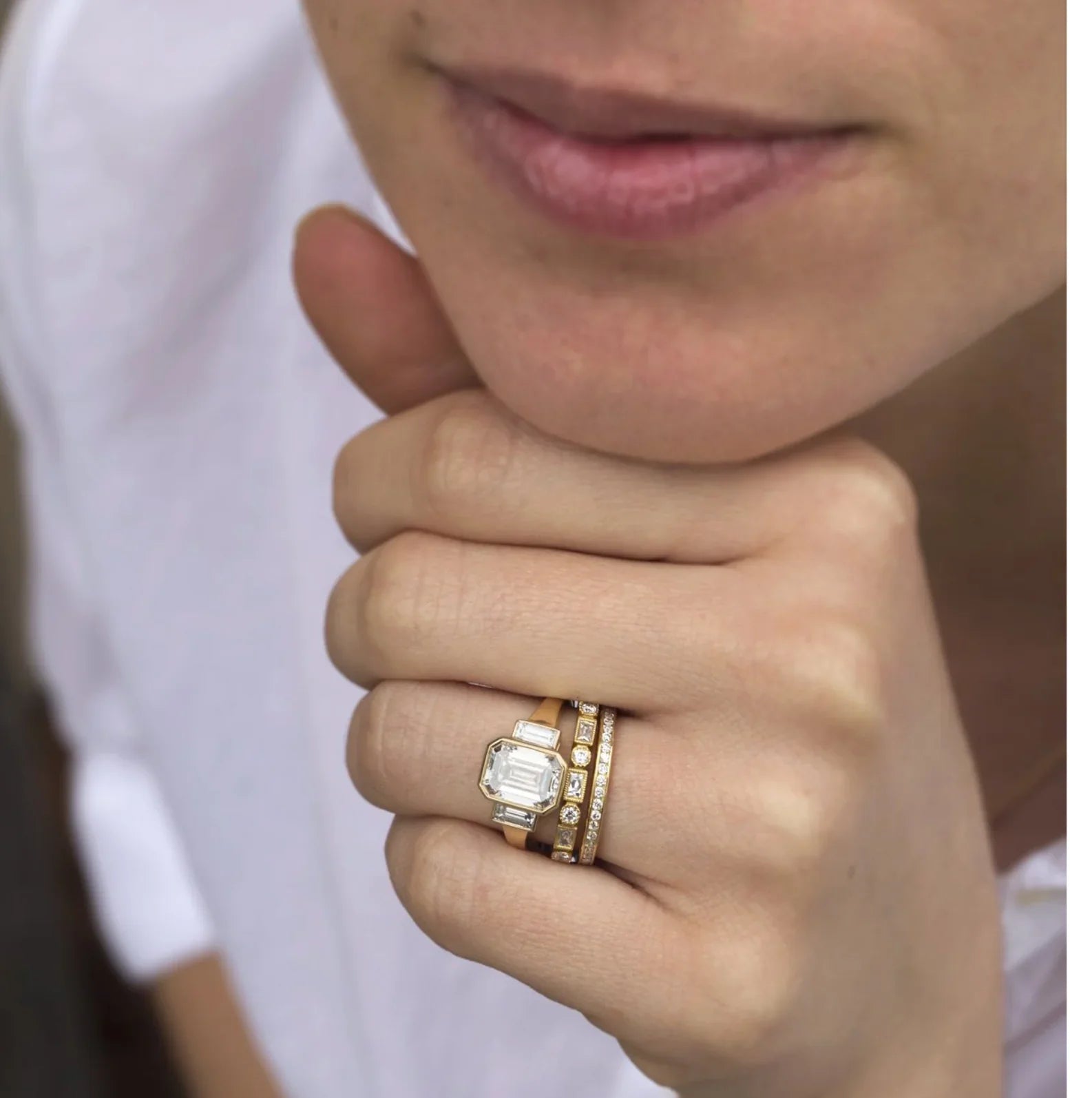 2.21ct Emerald Cut Bezel Moissanite Five Diamond Engagement Ring