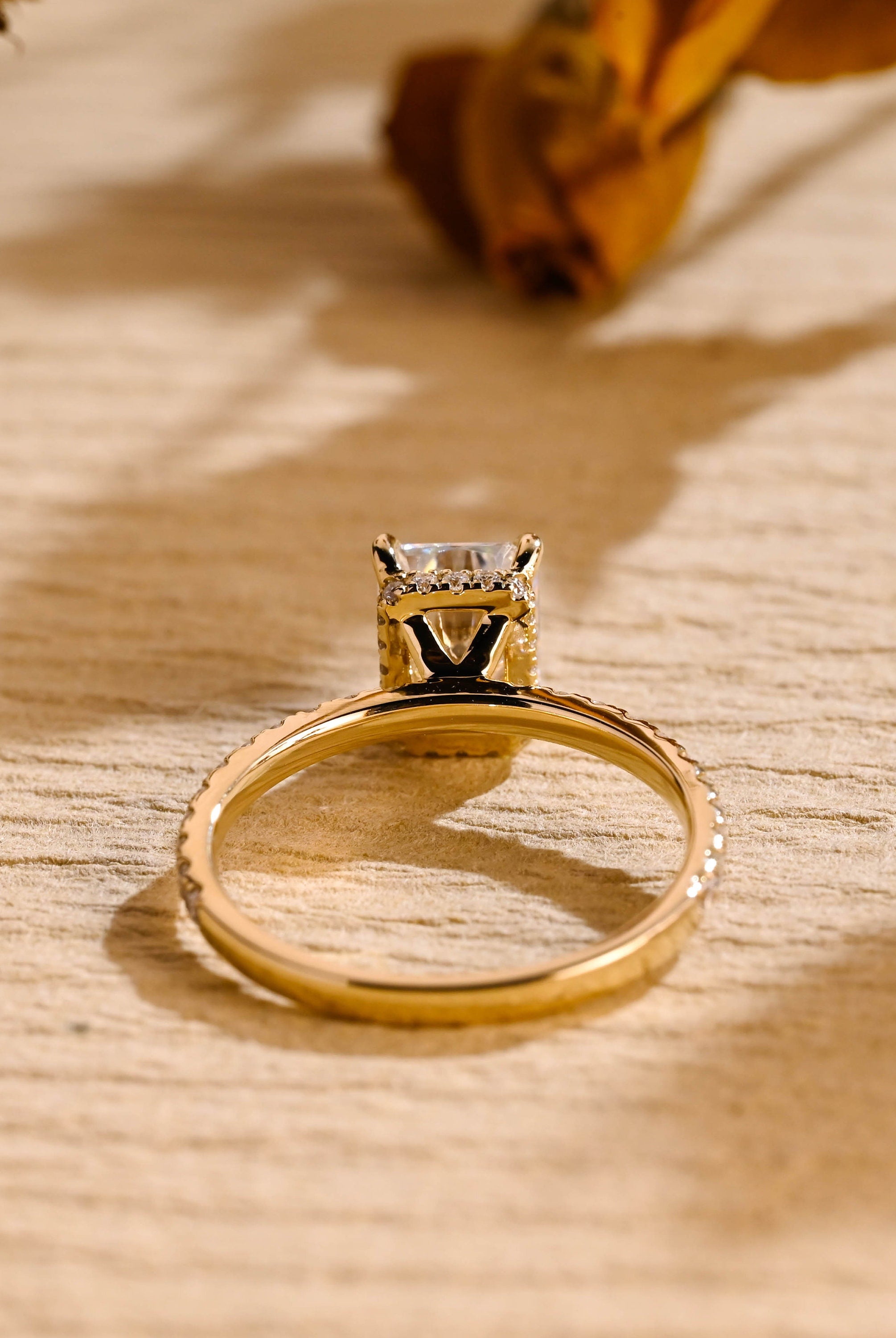 gold hidden halo moissanite engagement ring radiant cut