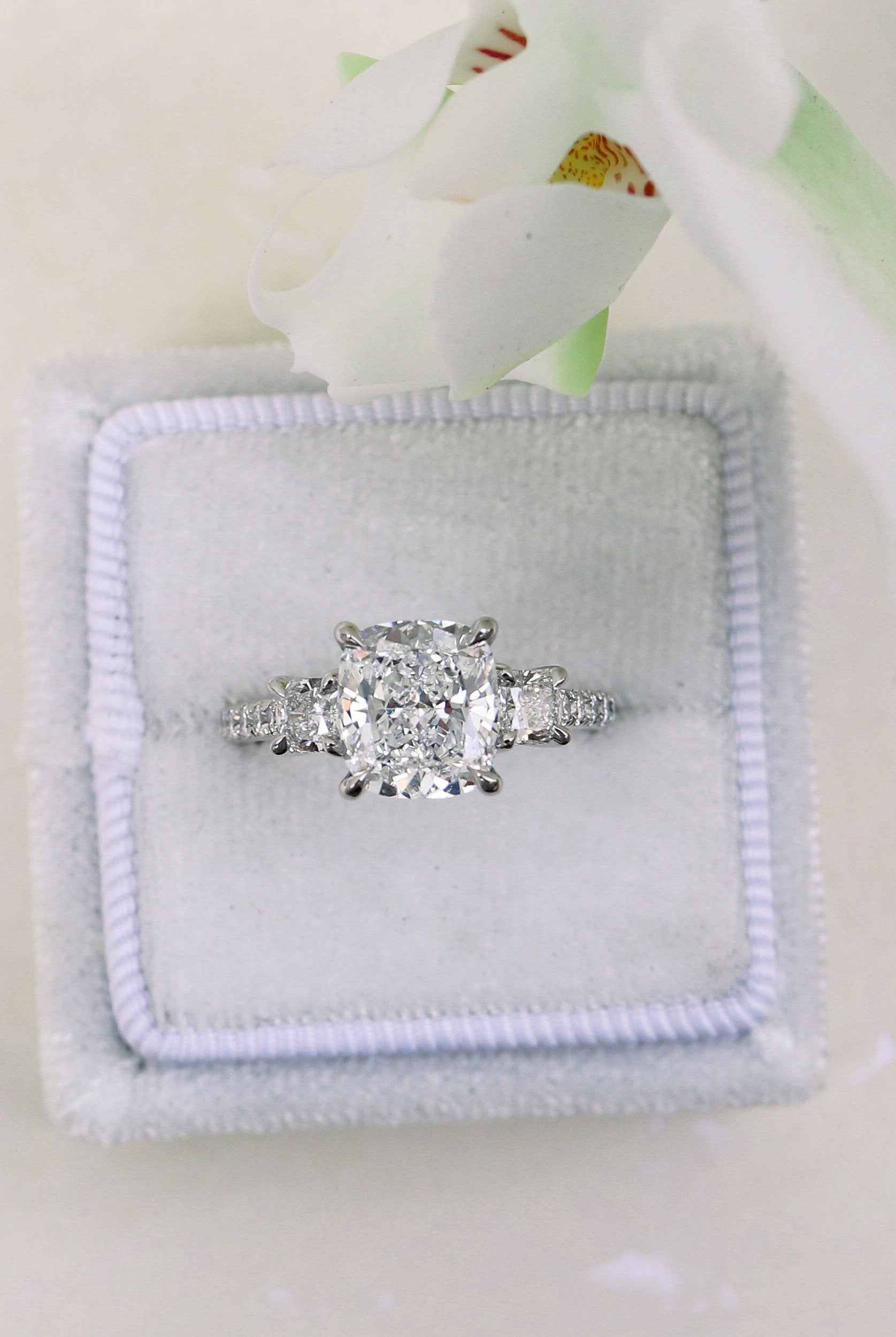 2.50CT Cushion Cut Moissanite Three Stone Pave Diamond Engagement Ring