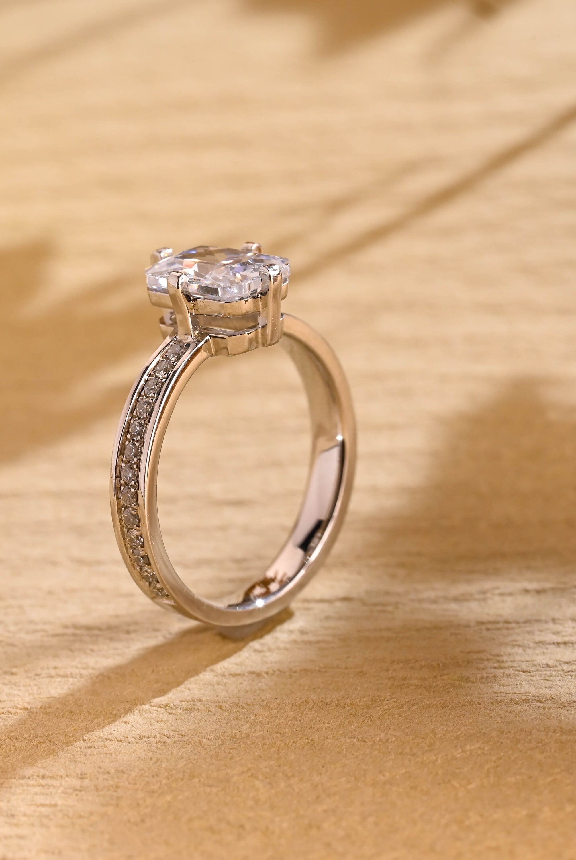 high sparkle radiant cut pavé moissanite ring