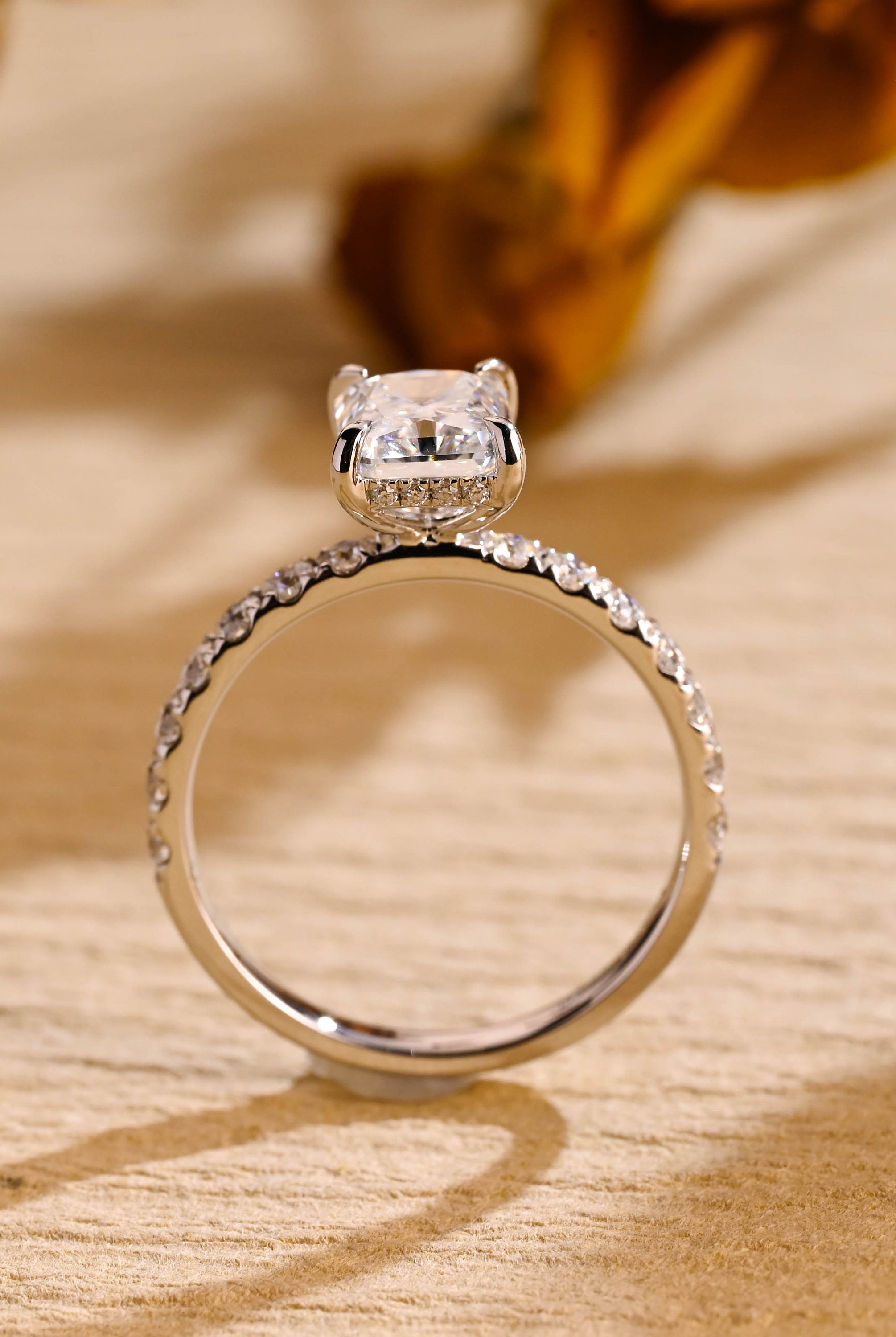 pavé moissanite engagement ring radiant cut gold