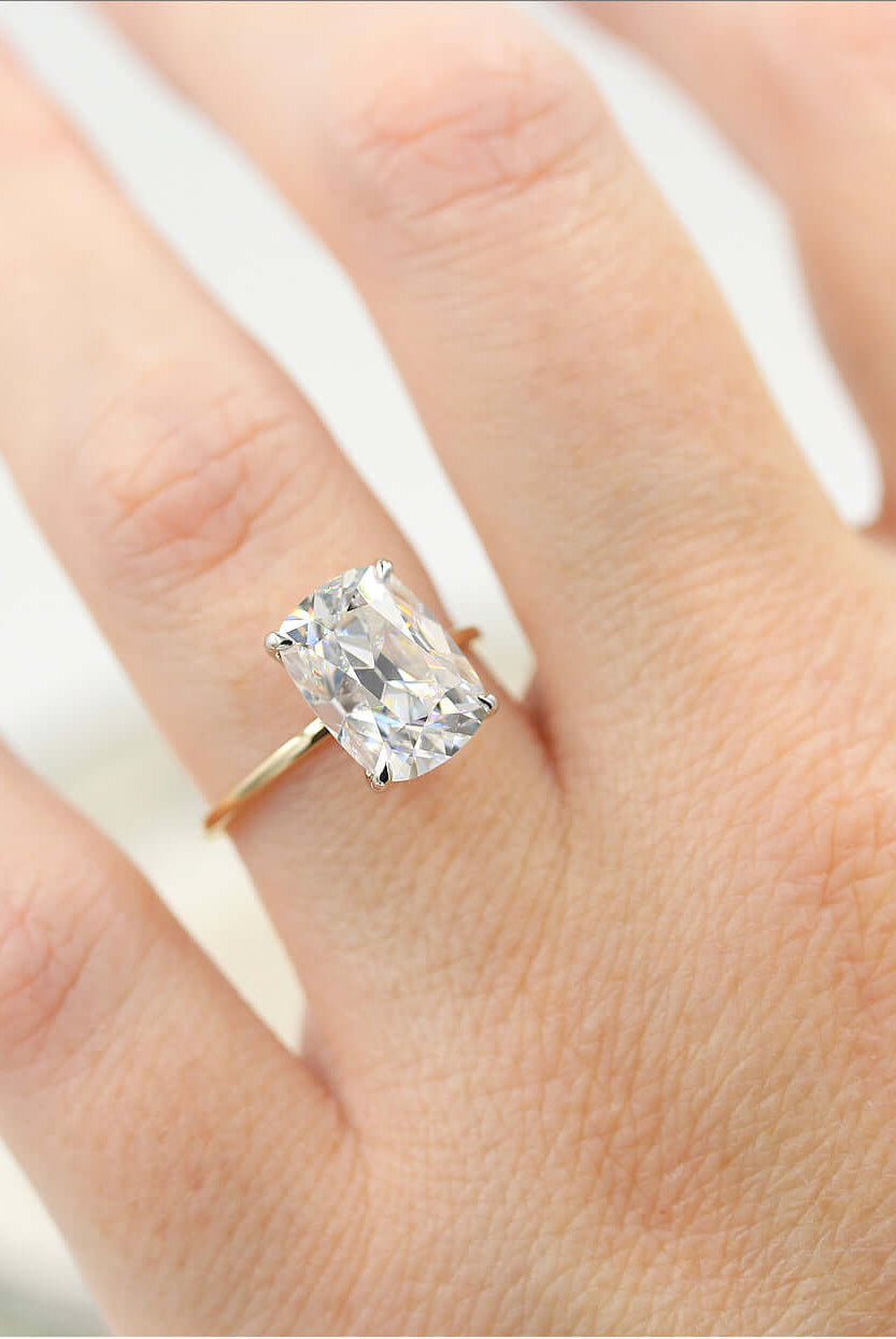 3.5CT Elongated Cushion Rose Cut Moissanite Diamond Solitaire Engagement Ring