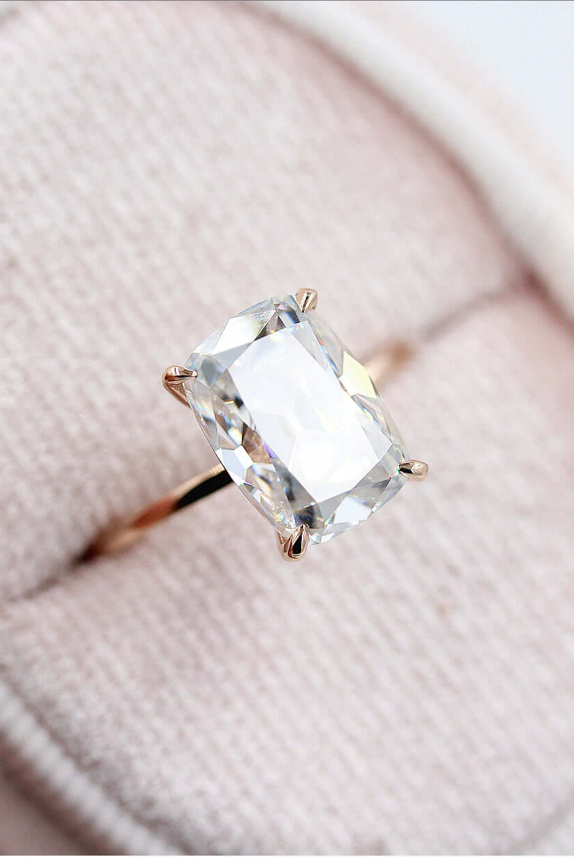 3.5CT Elongated Cushion Rose Cut Moissanite Diamond Solitaire Engagement Ring
